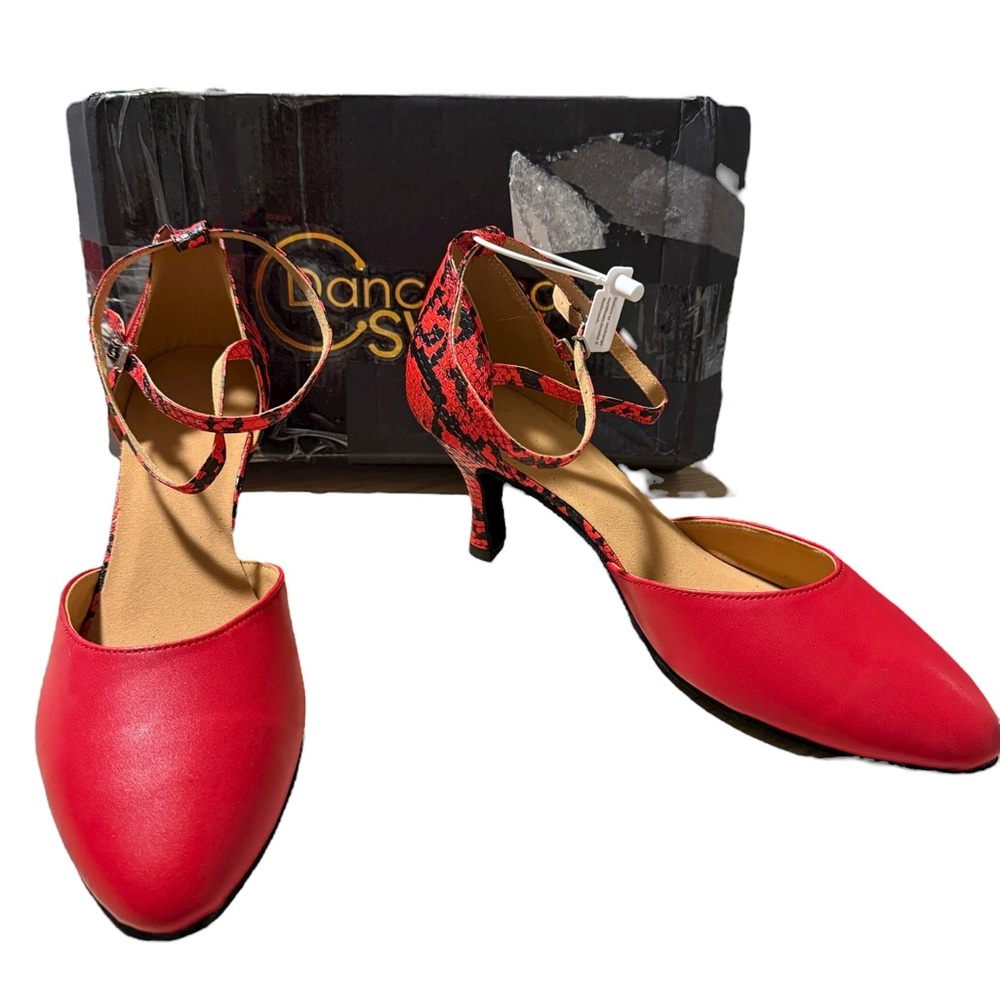 Dance & Sway Red Black Snakeskin Ballroom Latin Dance Shoes Sz 10.5 3” Heel NWT